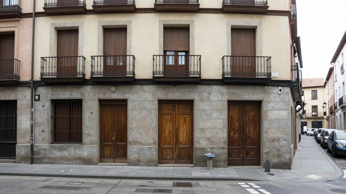 Illustrative image: closed facade of a historic residential building on a narrow, steep street in central Madrid