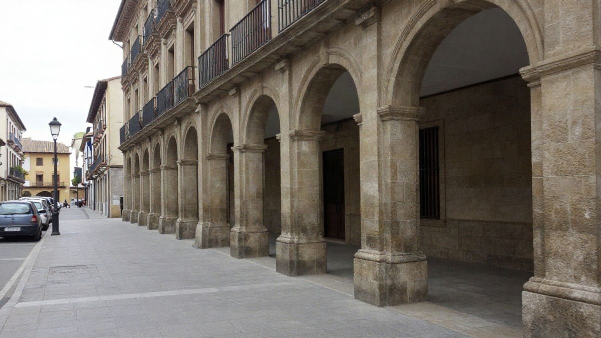 Illustrative image: a gallery of stone arches from an old street, with lines converging towards the background under cloudy daylight