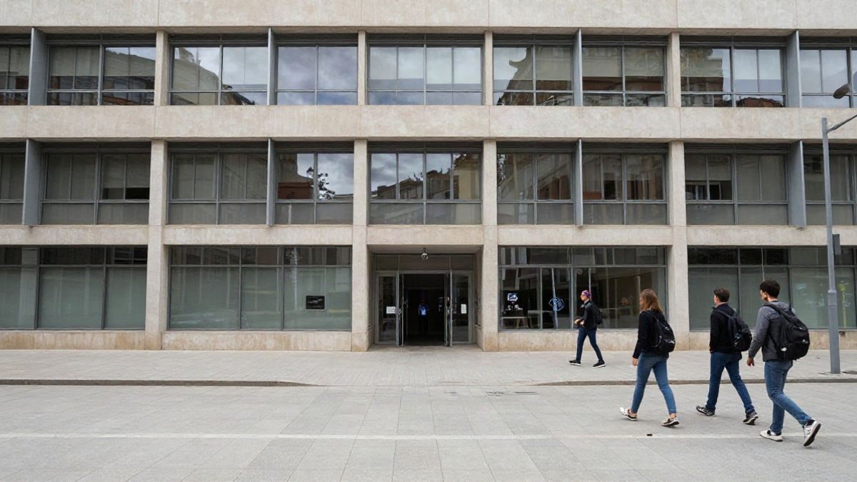 Illustrative image: facade of a modern university building with large windows and students in the background