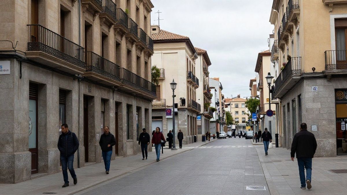 Imagen ilustrativa: una calle corriente de un municipio madrileño con fachadas y aceras bajo cielo nublado