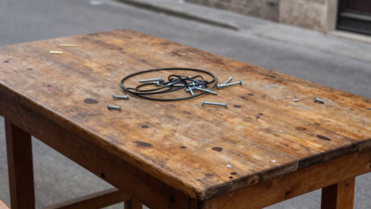 Illustrative image: detail of a wooden table with metal screws and loose cables