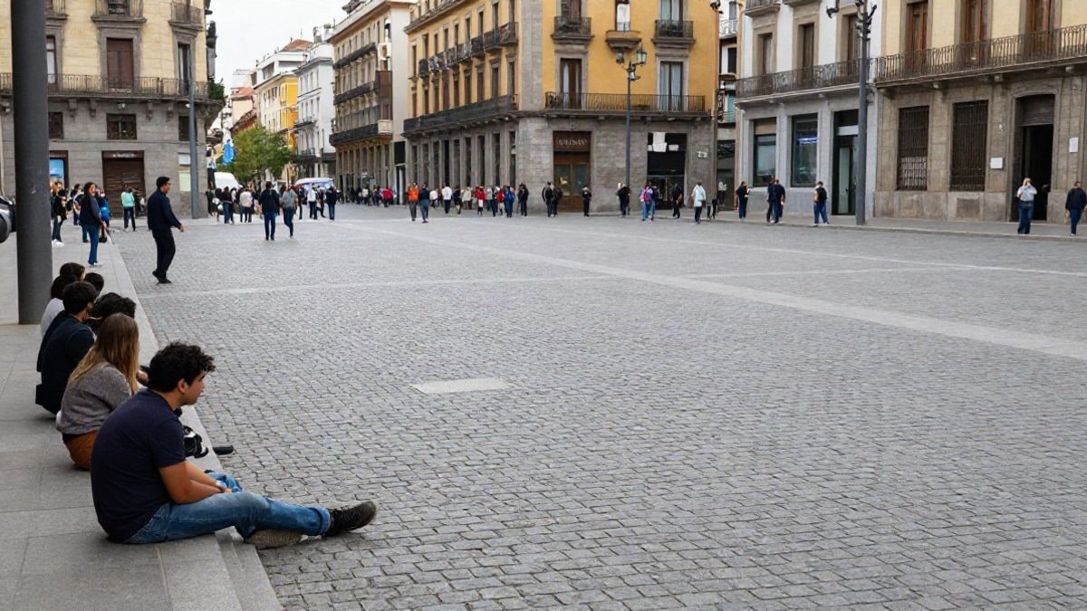 Imagen ilustrativa: plaza urbana amplia con un grupo reducido de personas sentadas en el suelo en un lateral