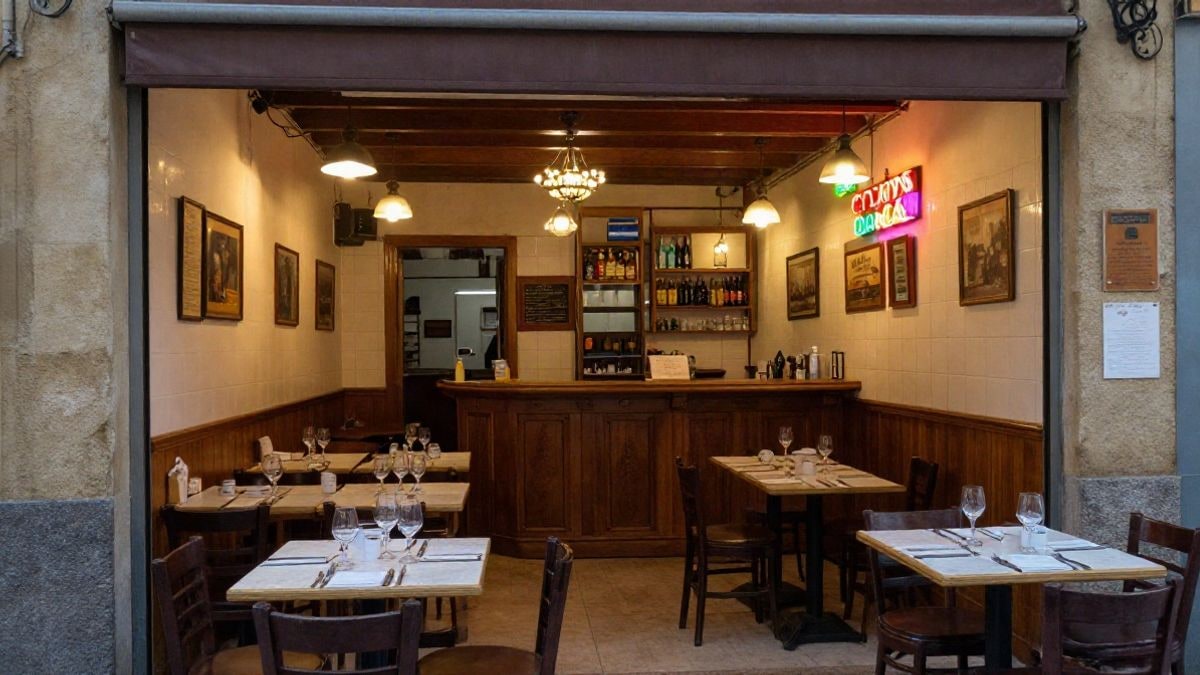 Imagen ilustrativa: interior de una taberna tradicional española iluminada con luz artificial