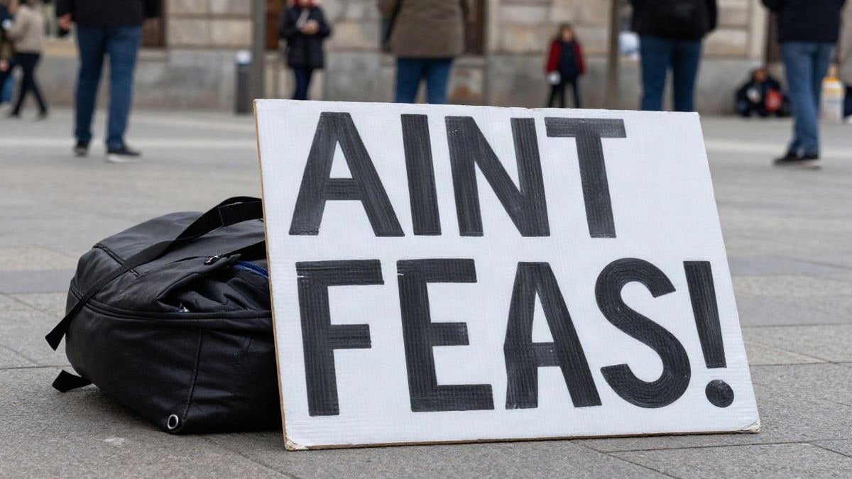 Illustrative image: close-up of a protest sign and a sleeping bag on the ground in a square