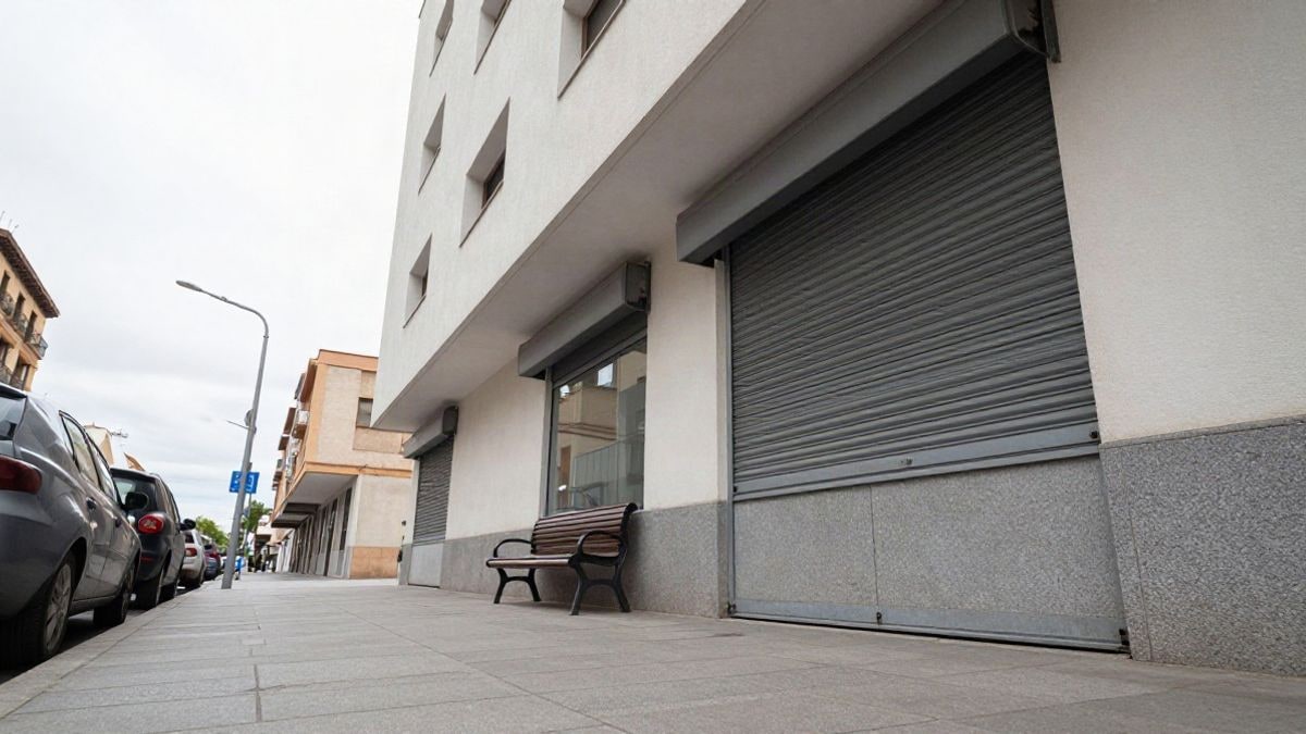 Illustrative image: simple facade of an office building seen from the sidewalk, with a cloudy sky in the background