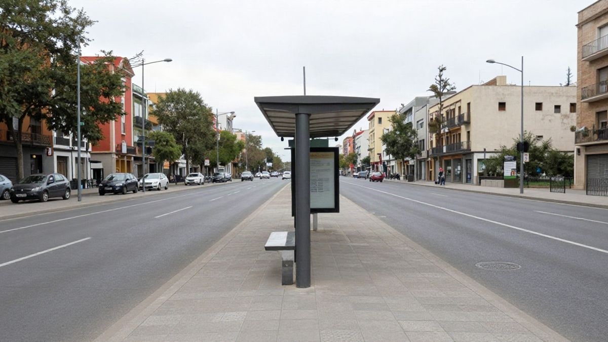 Imagen ilustrativa: una parada de autobús en una avenida urbana vista en gran angular, con líneas de la calzada que convergen