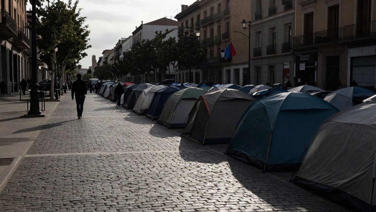 Illustrative image: tents lined up in a large urban square at sunset, with silhouettes and long shadows