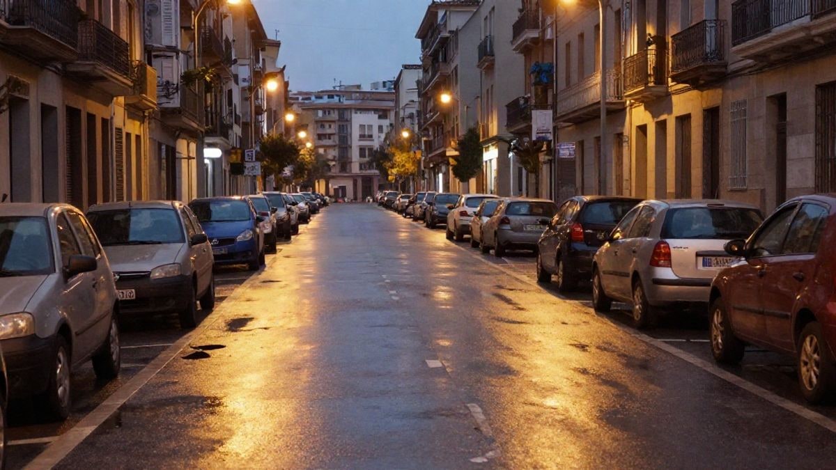 Illustrative image: urban street at night illuminated by streetlights, with wet asphalt and parked cars