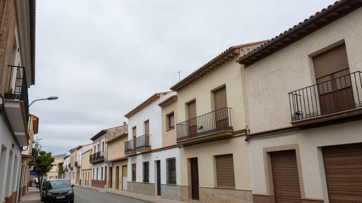 Illustrative image: residential street of a Spanish development with apartment blocks and balconies under a cloudy sky