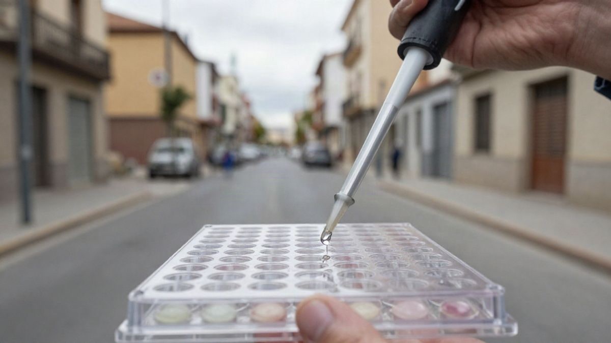 Imagen ilustrativa: primer plano de una pipeta de laboratorio depositando una gota en una placa de pocillos