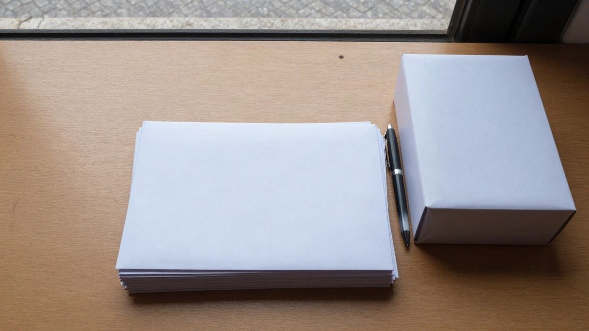 Illustrative image: overhead view of white envelopes and a ballot box on a wooden table