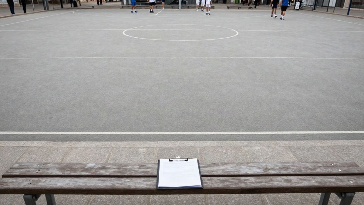 Imagen ilustrativa: banquillos vacíos y pizarra táctica en un pabellón de baloncesto genérico
