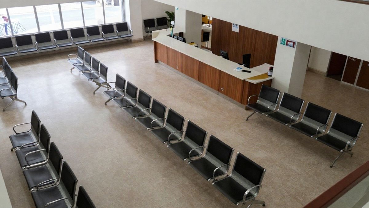 Illustrative image: overhead view of a hospital emergency waiting room with empty chairs and a reception desk