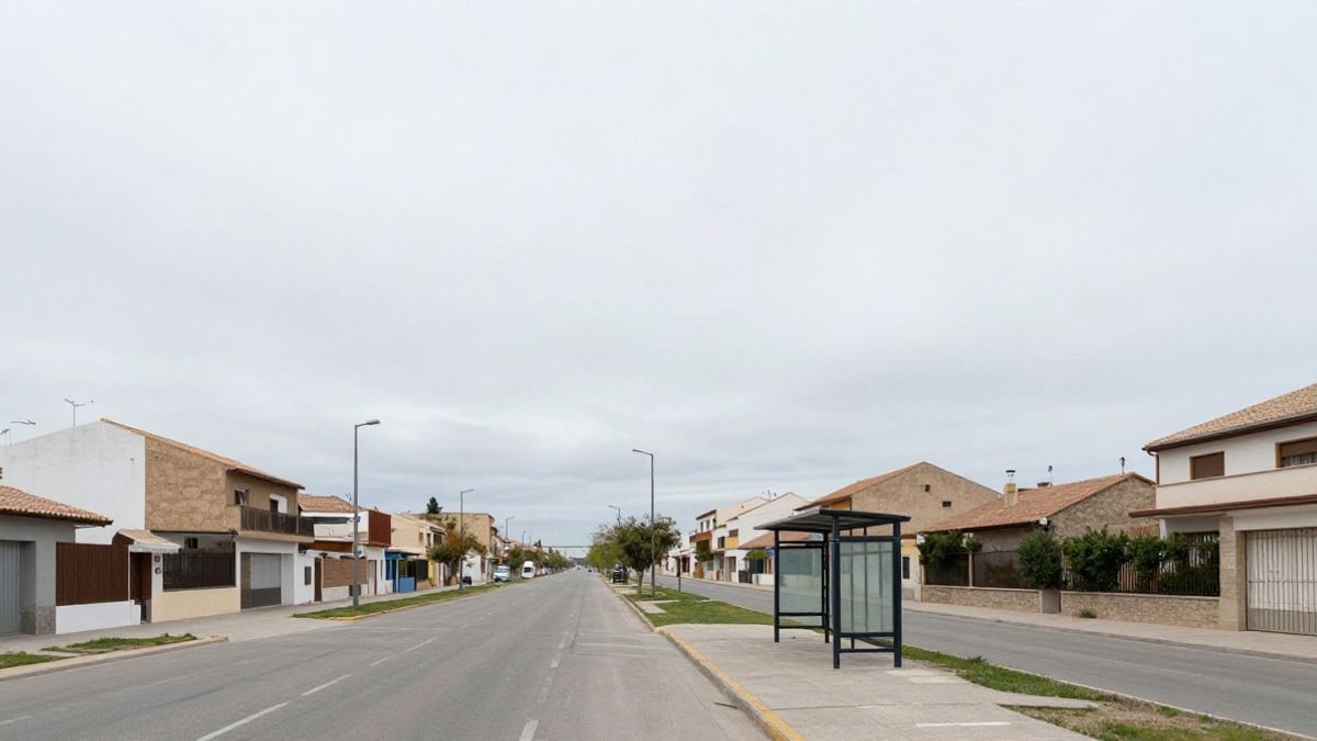 Imagen ilustrativa: calle residencial vacía bajo un cielo nublado, con una pequeña parada de autobús descentrada
