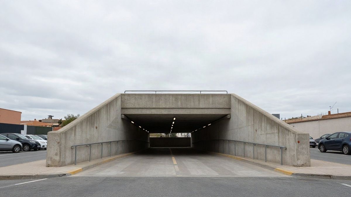 Imagen ilustrativa: rampa de acceso a un aparcamiento subterráneo con cielo nublado de fondo