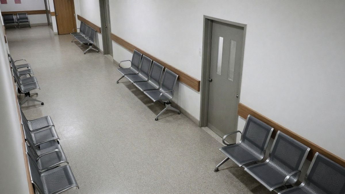 Illustrative image: hospital corridor with empty chairs and a closed door