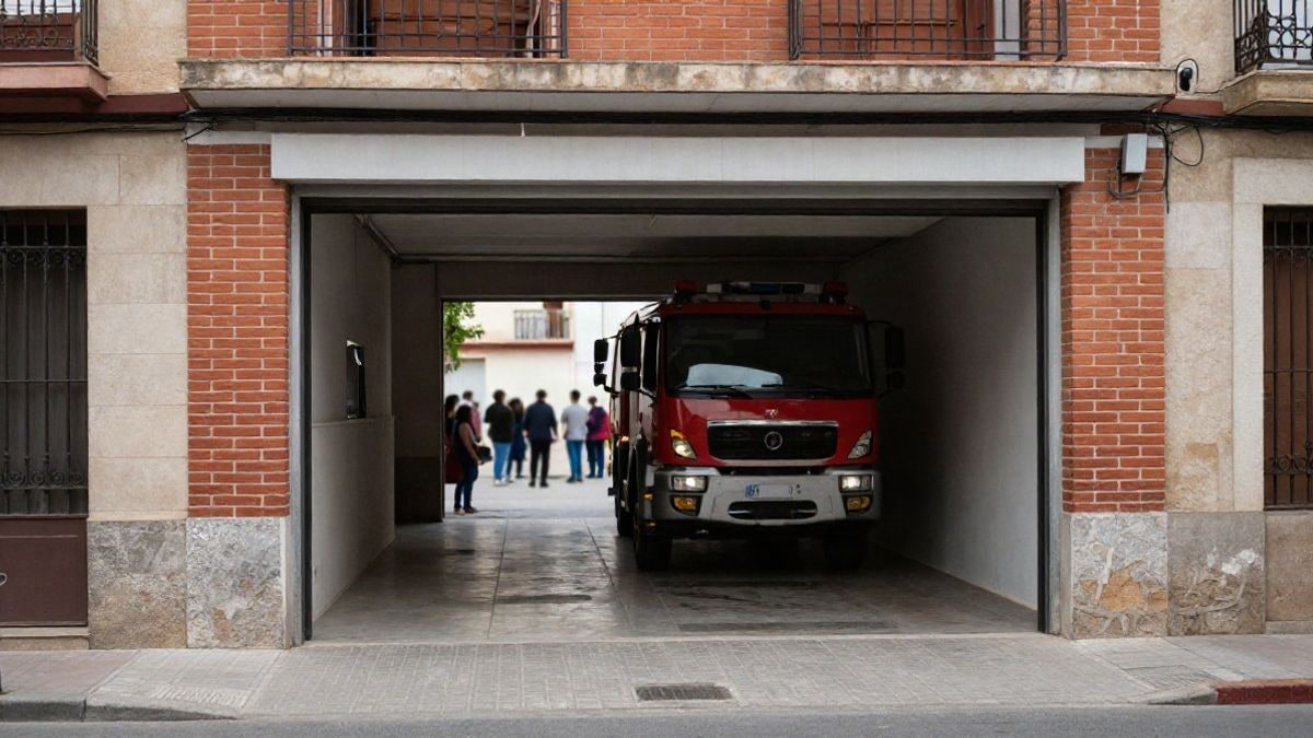 Imagen ilustrativa: fachada de un parque de bomberos genérico con un camión visible en el interior