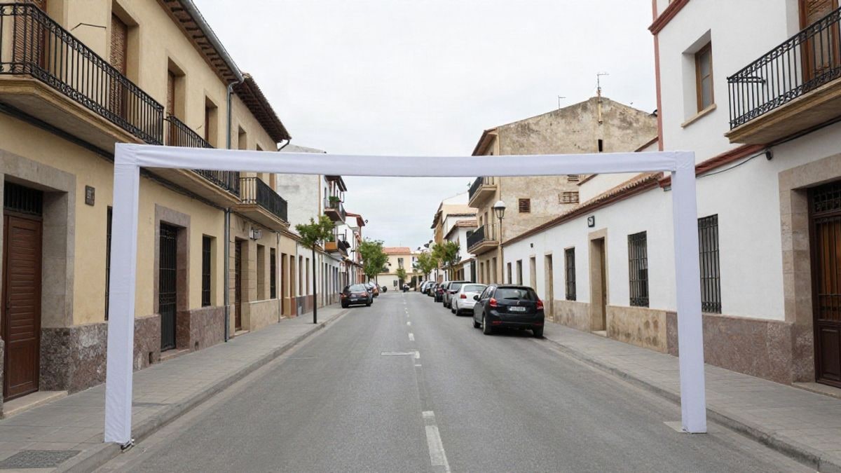 Imagen ilustrativa: calle urbana vista en gran angular con un arco de meta blanco al fondo bajo luz de día nublado