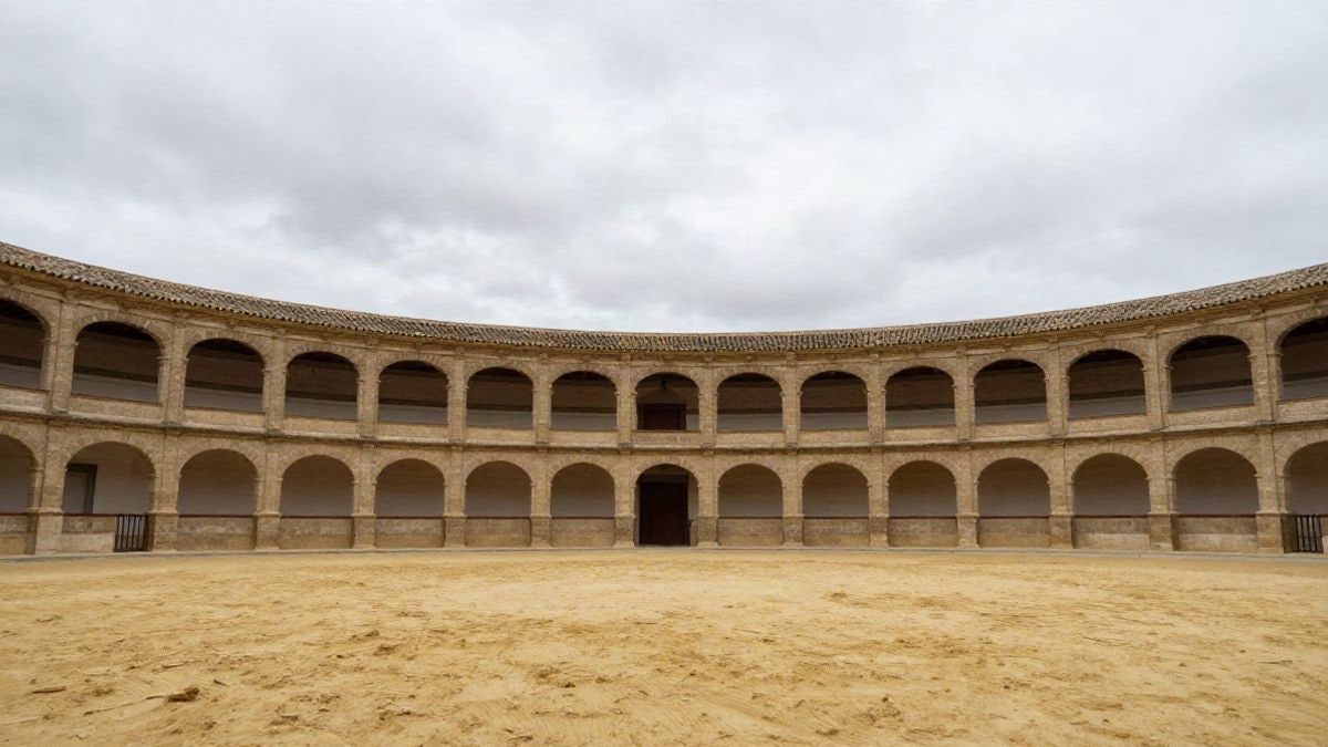 Imagen ilustrativa: ángulo bajo de los tendidos de piedra de una plaza de toros vacía bajo un cielo nublado
