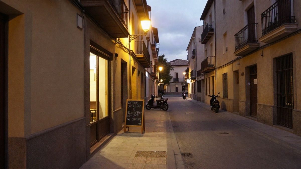 Illustrative image: night scene of a street with artificial light and a chalkboard sign next to a venue