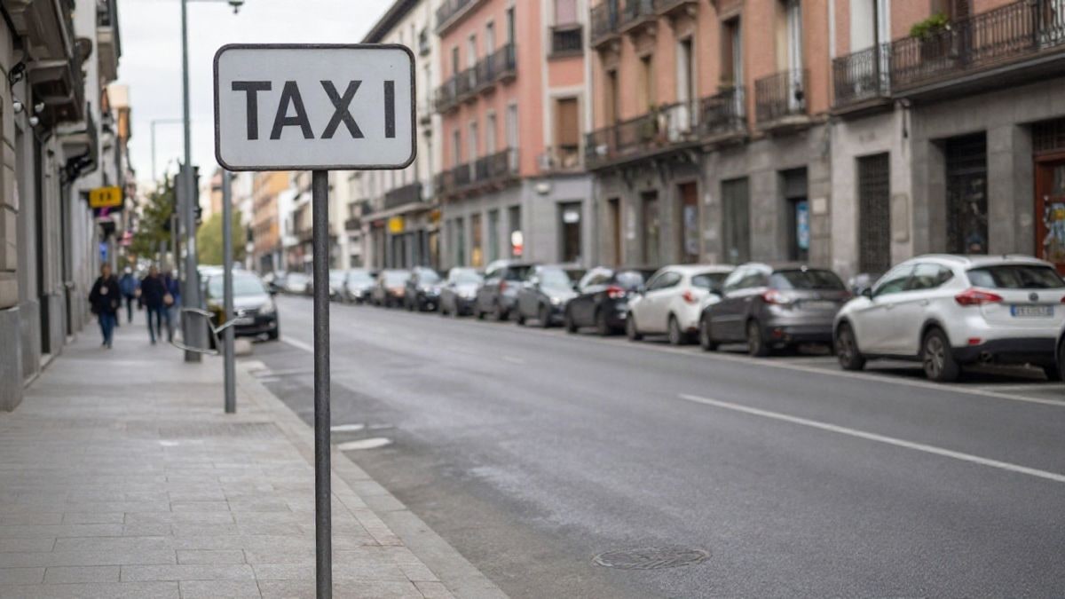 Imagen ilustrativa: calle urbana corriente con una señal de parada de taxis y coches aparcados en un día nublado
