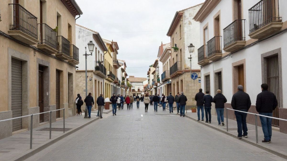 Imagen ilustrativa: calle española con barreras de madera para un encierro y público al fondo