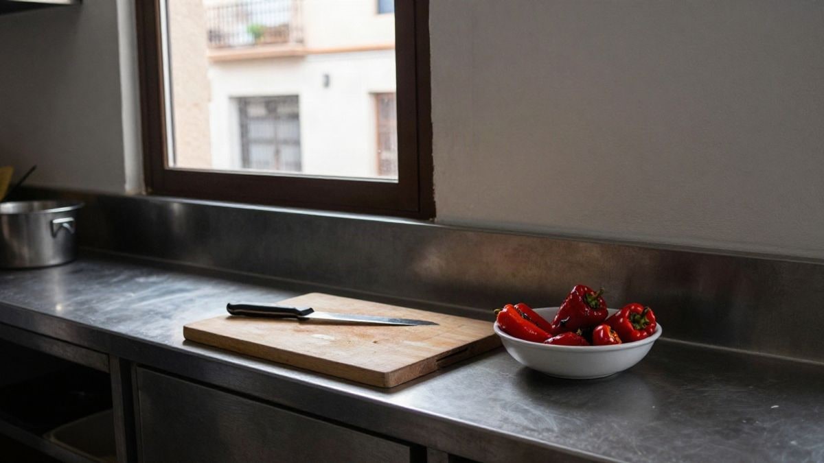 Imagen ilustrativa: mostrador de cocina con tabla de madera, cuchillo de pan y un bol de pimientos asados
