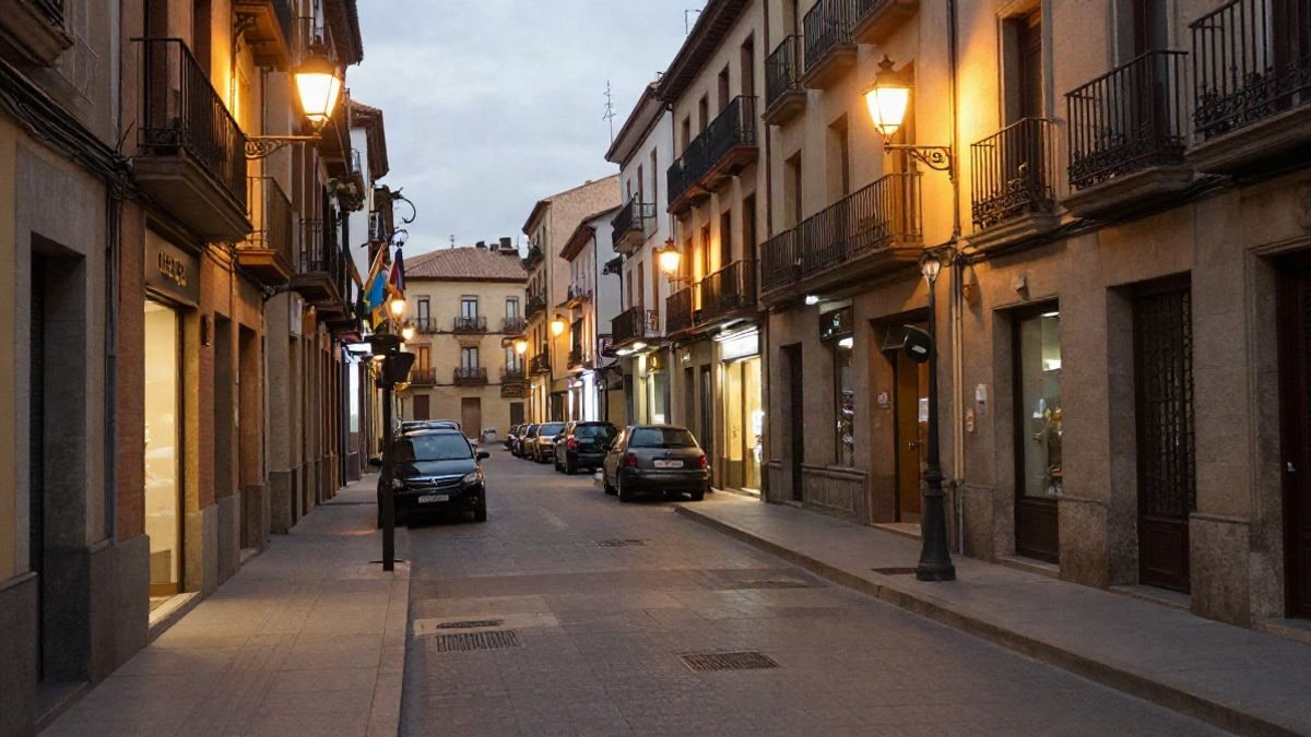 Illustrative image: urban street at night with streetlights and illuminated shop windows, no people