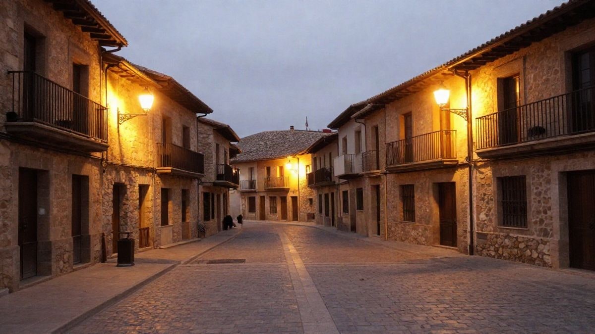 Imagen ilustrativa: plaza de un pueblo español de noche iluminada por farolas