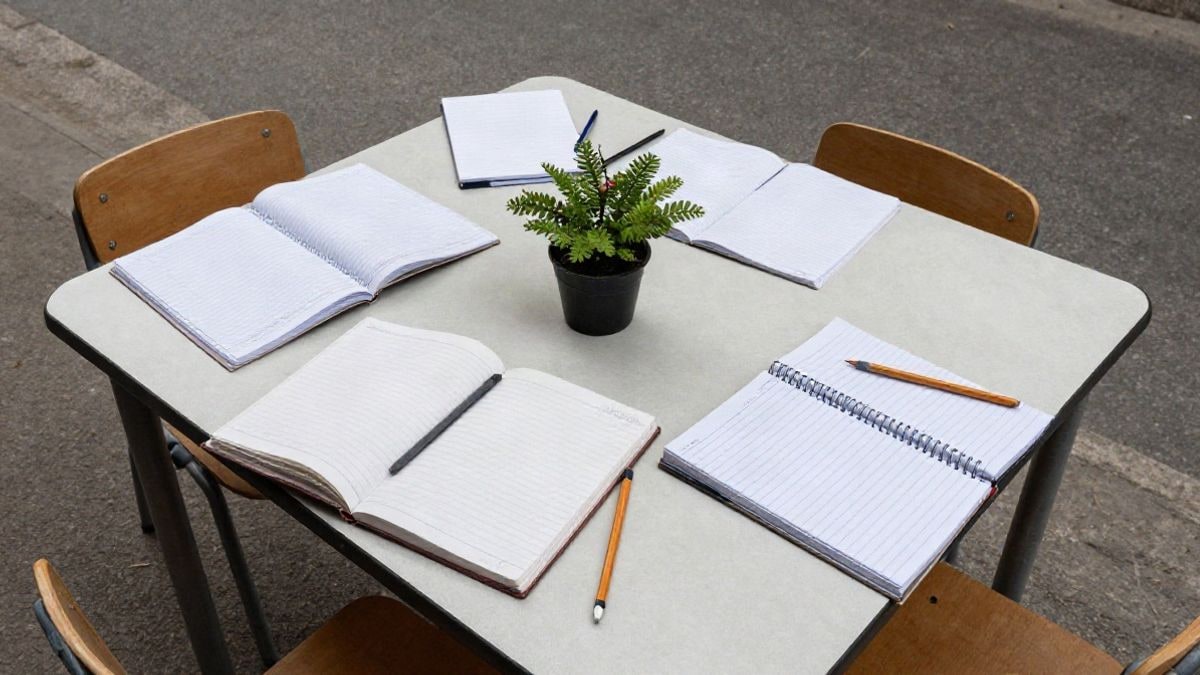 Illustrative image: overhead view of a classroom table with notebooks, pencils, and a small plant