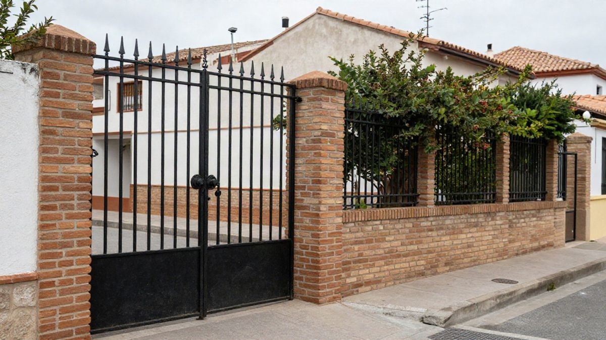 Imagen ilustrativa: verja metálica cerrada y muro bajo de ladrillo en una calle residencial tranquila