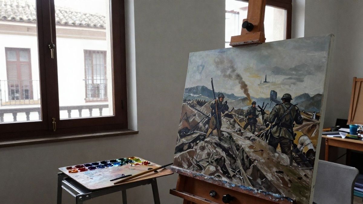Imagen ilustrativa: un caballete con un lienzo que muestra una escena de guerra en un estudio de pintura, con paleta y pinceles.