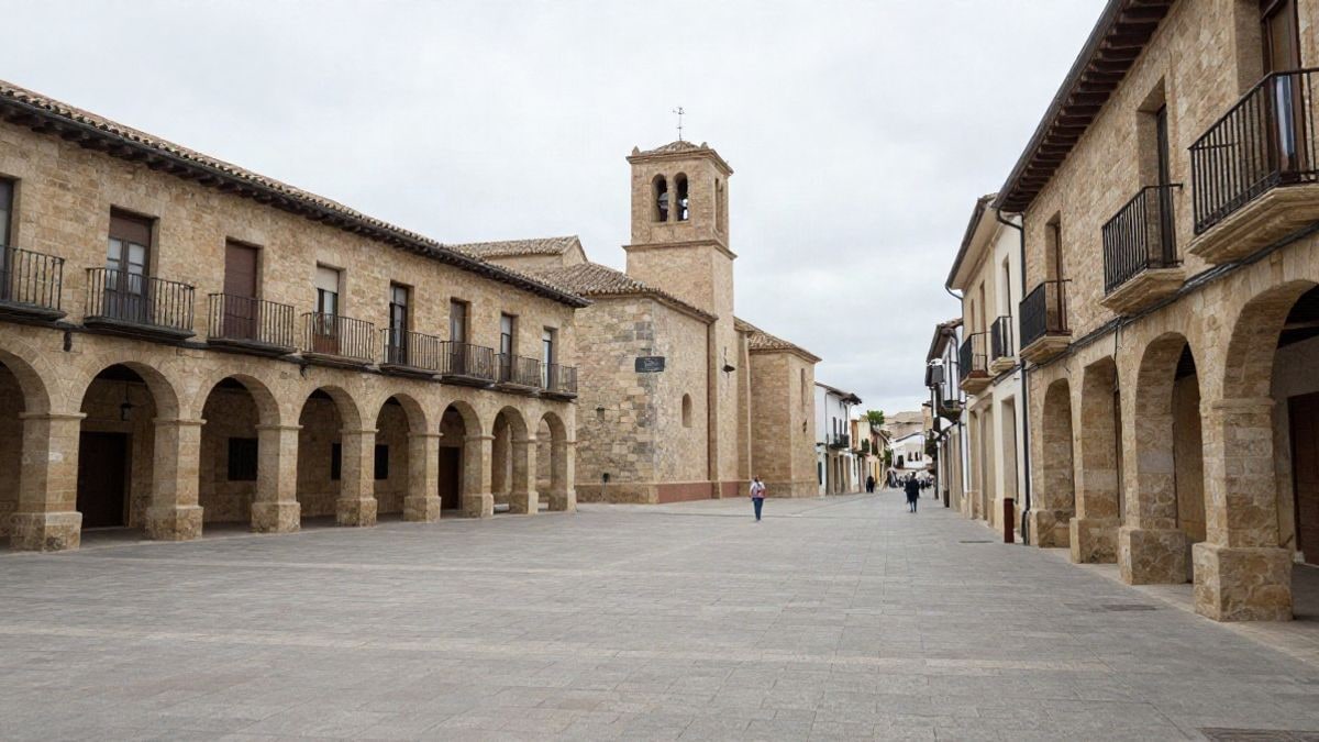 Illustrative image: porticoed square of a generic Spanish village with a tower in the background