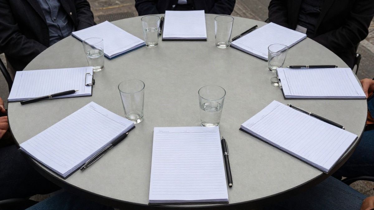 Illustrative image: meeting table viewed from above with notebooks, pens, and glasses of water