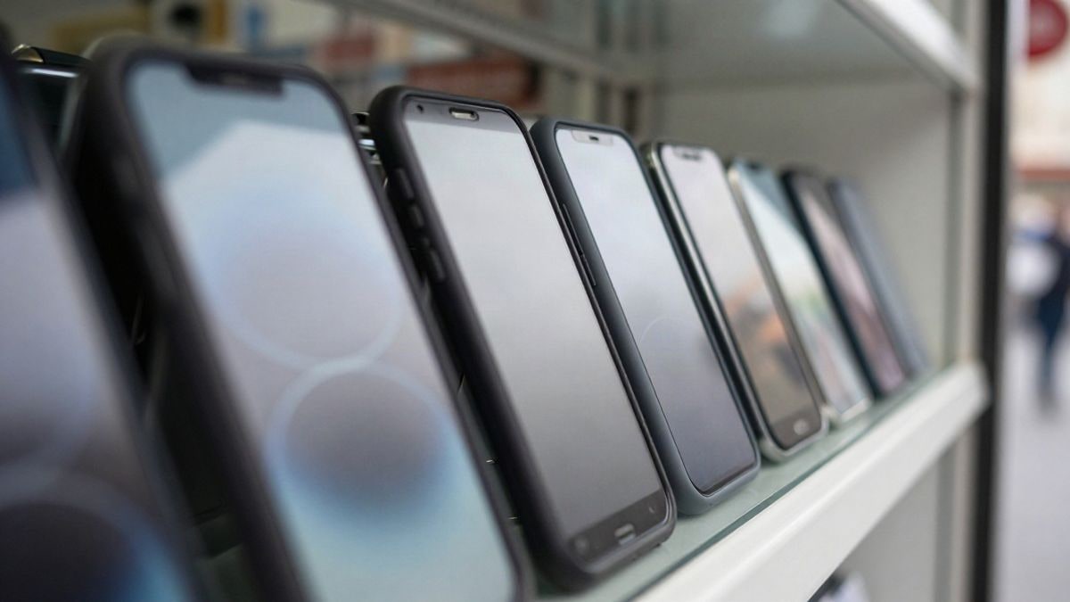 Imagen ilustrativa: primer plano de varios teléfonos móviles de alta gama expuestos en una vitrina de tienda