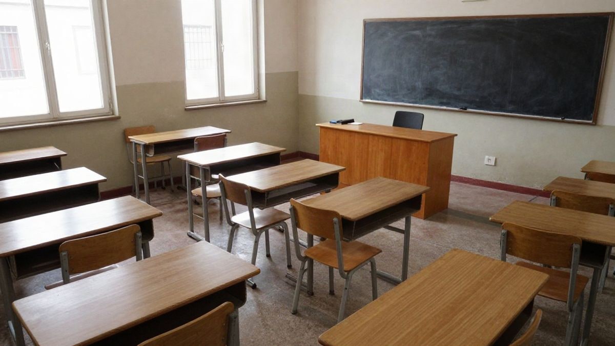 Illustrative image: empty classroom with desks and chairs in rows viewed from above