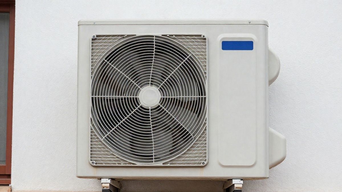 Illustrative image: close-up of an external air source heat pump on a school building facade