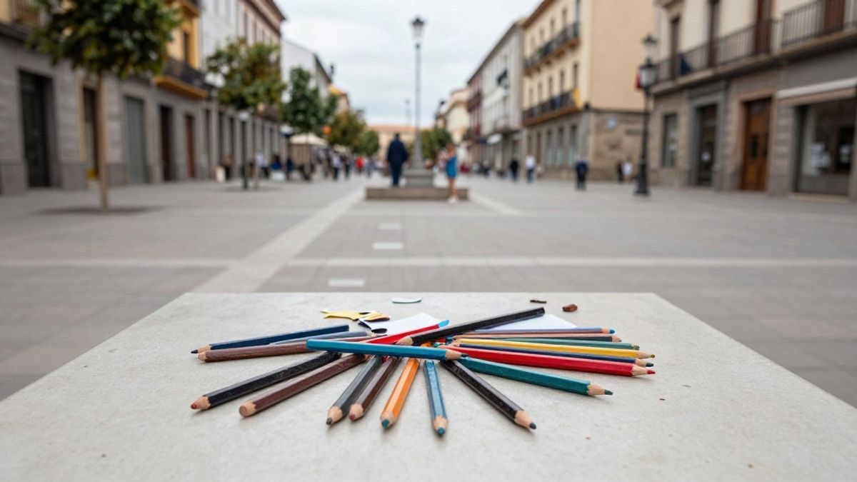 Imagen ilustrativa: detalle de un mural escolar sobre el espacio con dibujos y lápices de colores sobre una mesa