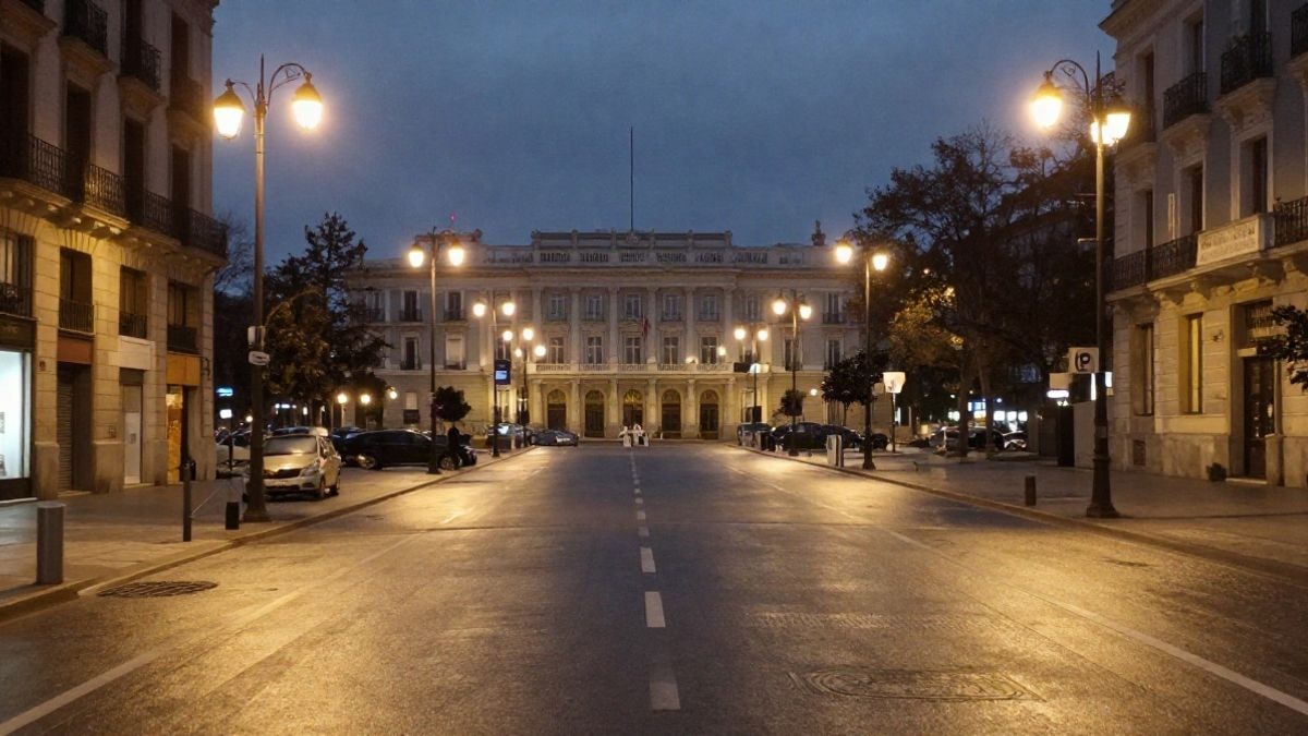 Illustrative image: urban street at night lit by street lamps, with wet pavement and no visible people