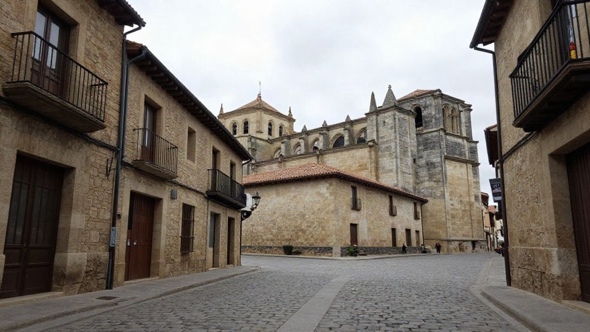 Imagen ilustrativa: calle empedrada de un municipio histórico con edificios de piedra y un monasterio al fondo