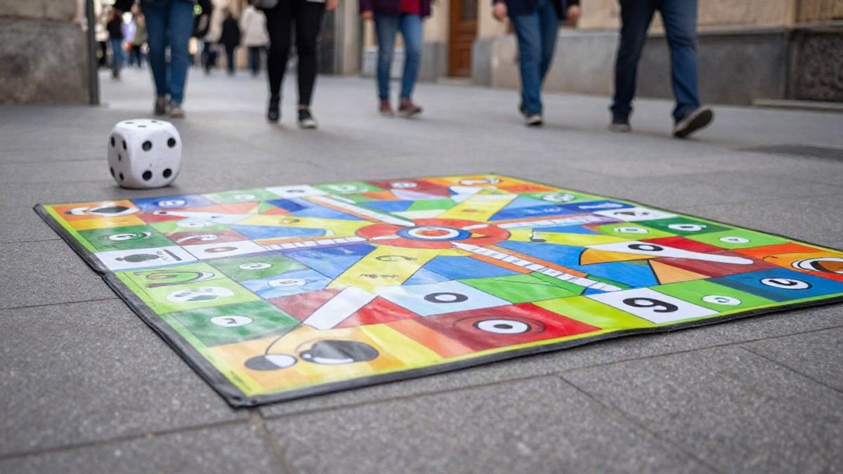 Imagen ilustrativa: un tablero de juego gigante extendido en una acera con un dado de gran tamaño