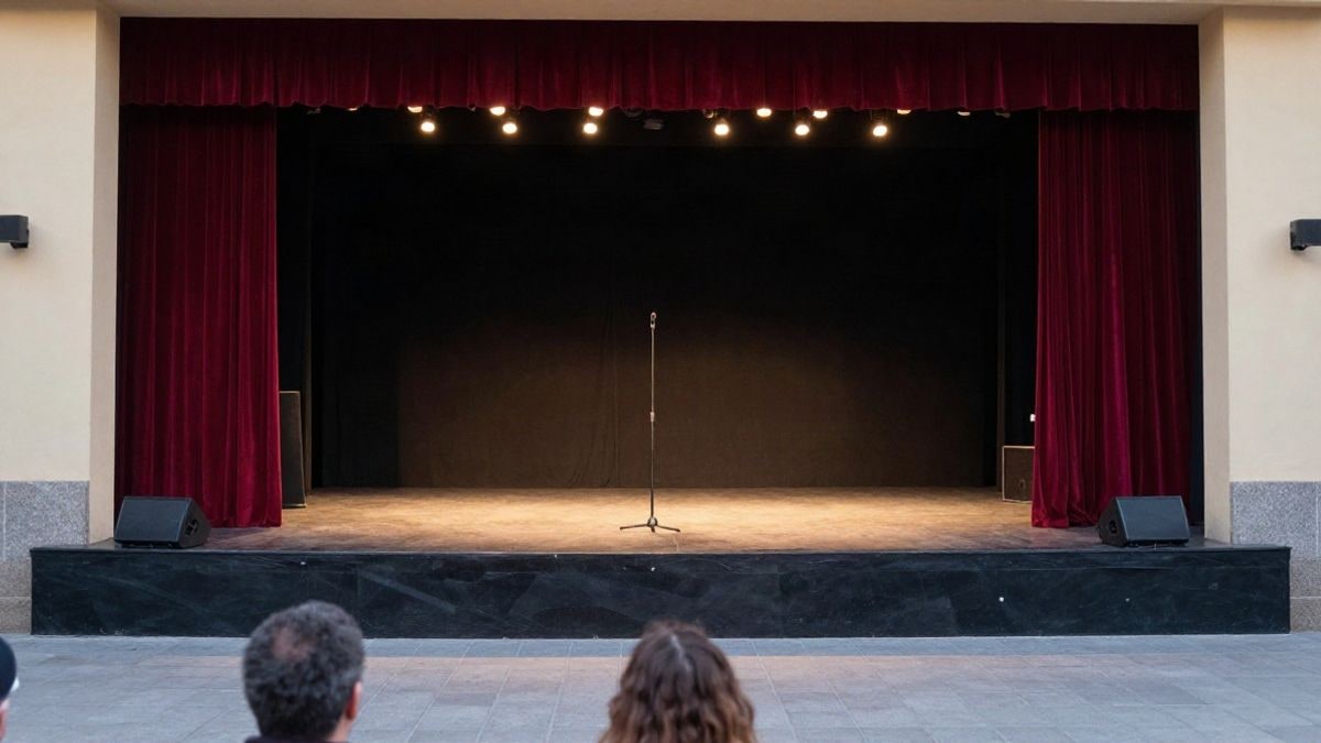Imagen ilustrativa: escenario teatral vacío con focos encendidos y un micrófono en pie, evocando un espectáculo de flamenco.