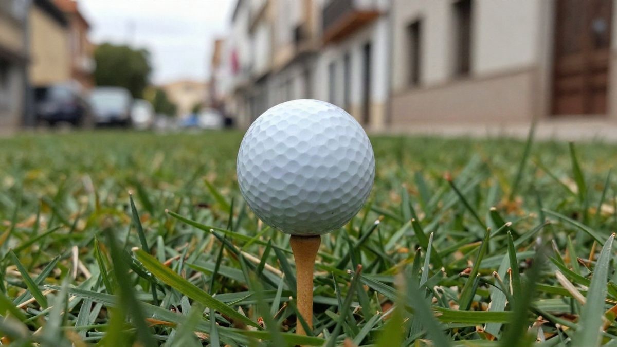 Illustrative image: close-up of a golf ball on a wooden tee in the grass of a golf course