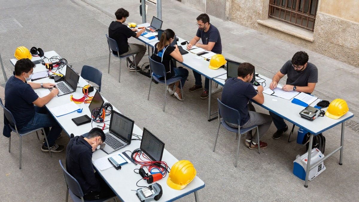 Illustrative image: overhead view of a technical training workshop with tools and equipment on work tables