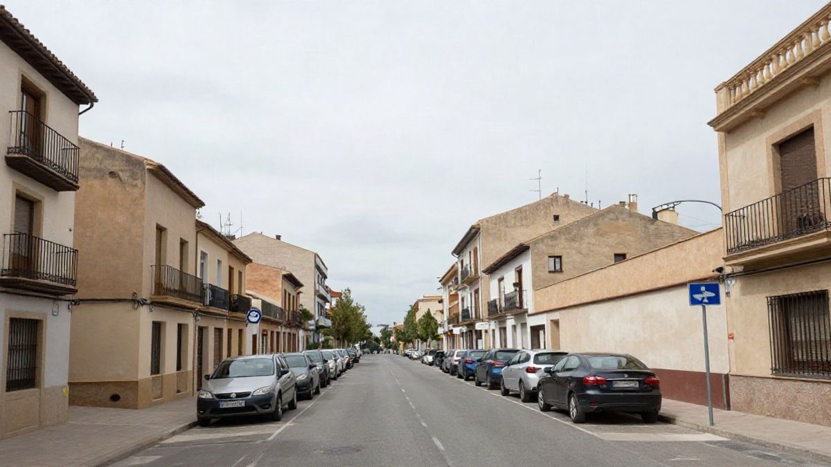 Imagen ilustrativa: una calle residencial española con edificios de viviendas y coches aparcados bajo luz diurna plana