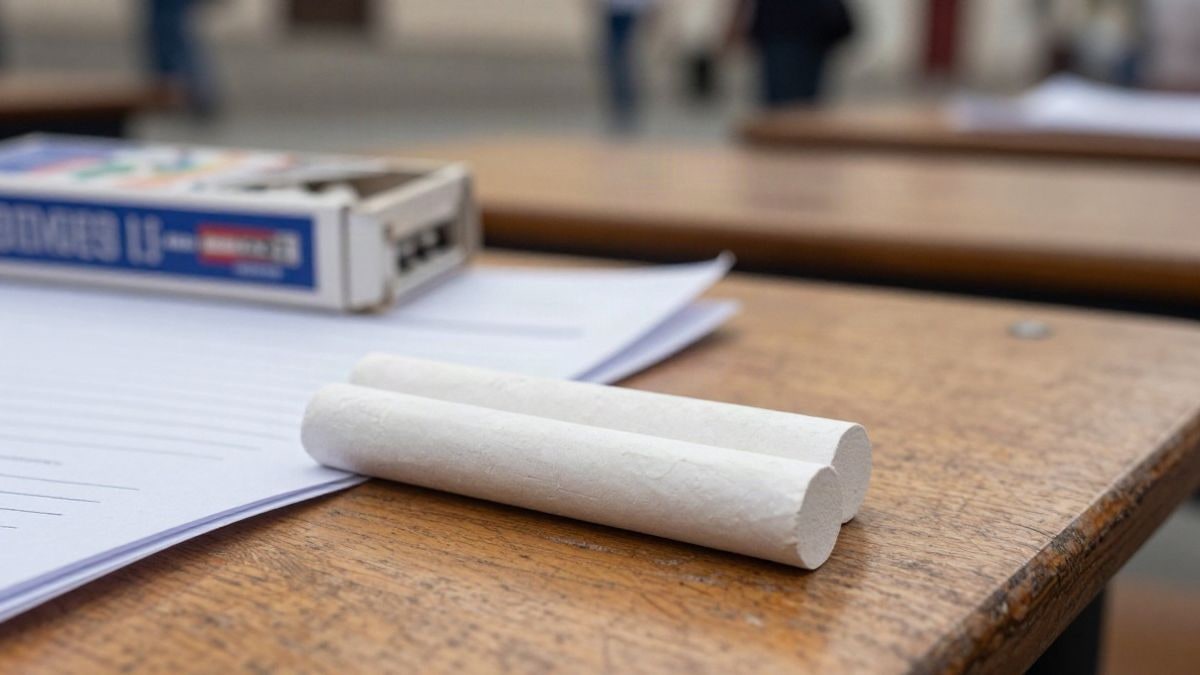 Illustrative image: close-up of a box of chalk and a folded paper on a wooden desk.