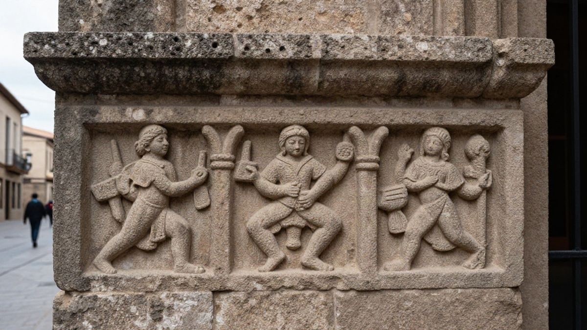 Imagen ilustrativa: primer plano de un muro de piedra con relieves medievales desgastados