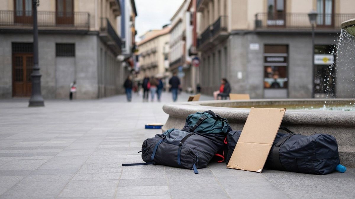 Imagen ilustrativa: una plaza urbana con sacos de dormir y carteles apoyados junto a una fuente
