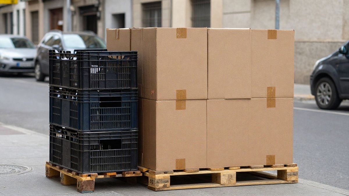 Imagen ilustrativa: cajas de suministros apiladas sobre palés junto a una calle corriente de una ciudad.