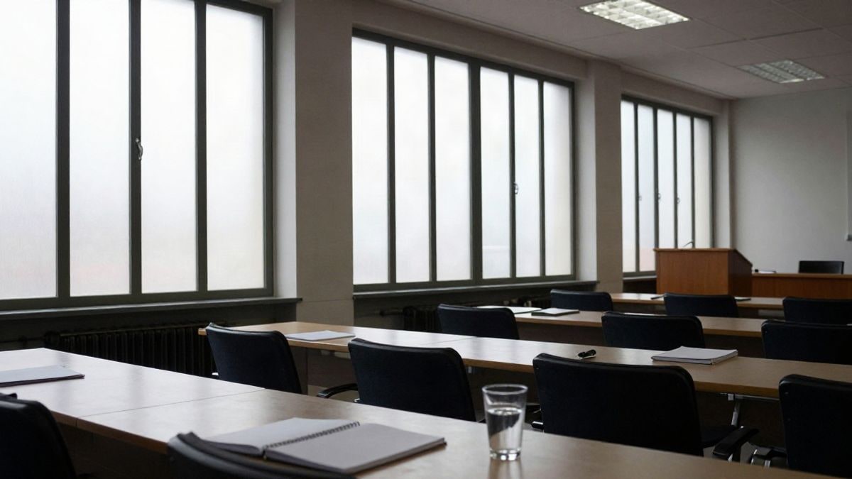 Illustrative image: interior of a conference room with empty chairs and side window light